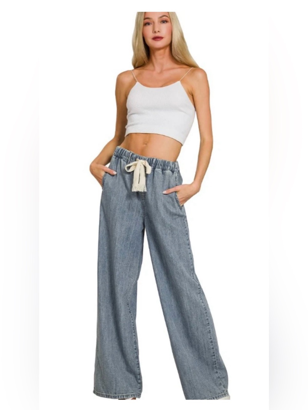 Zenana Outfitters Light Blue Wide-Leg Drawstring Jeans
